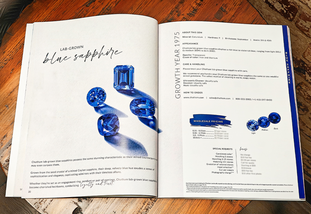 Lab-grown blue sapphire cover page with comprehensive gem information and wholesale pricing.