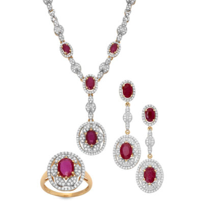 Gemstone diamond pendant with earrings and a ring