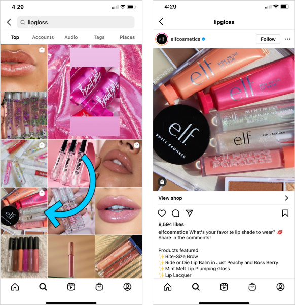 An Image of Elf Cosmetics Post on the Explore Page When Lipgloss is Searched