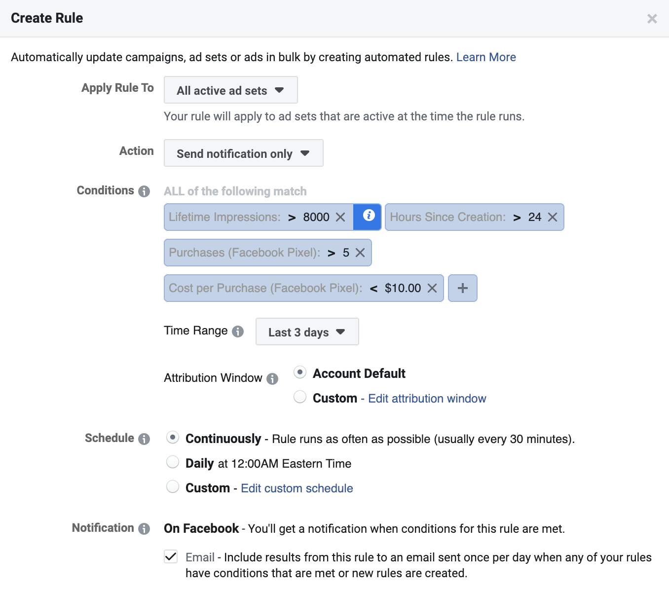 The Create Rule tool in Facebook Ad Manager is used to set a notification.