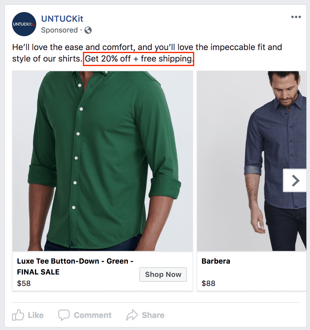 A retargeting carousel ad from UNTUCKit with a discount code and free shipping offer.
