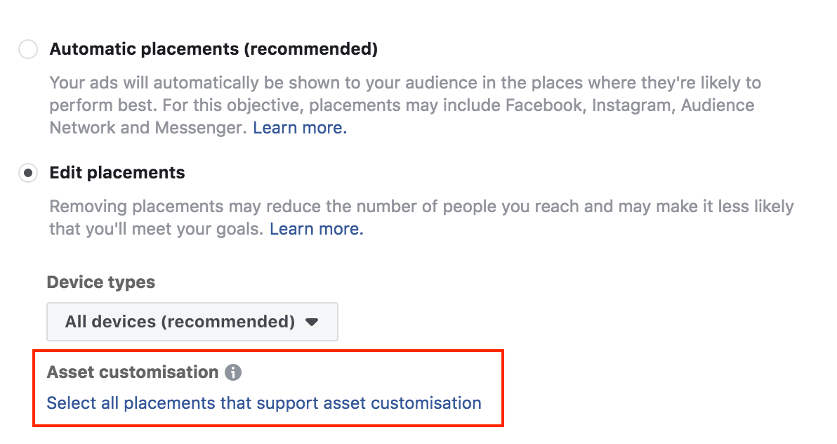 The Asset Customization selection tool is highlighted in the Facebook Ads Manager