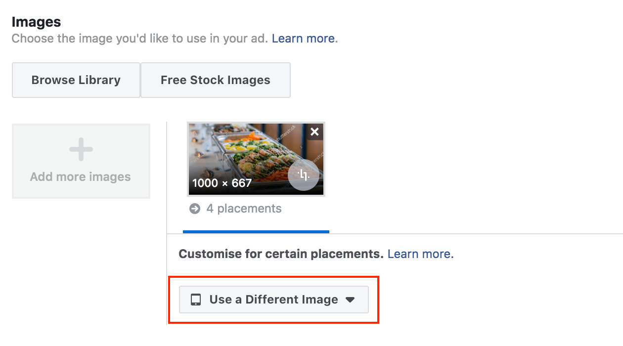 The Use a Different Image button is highlighted in the Facebook Ads Manager