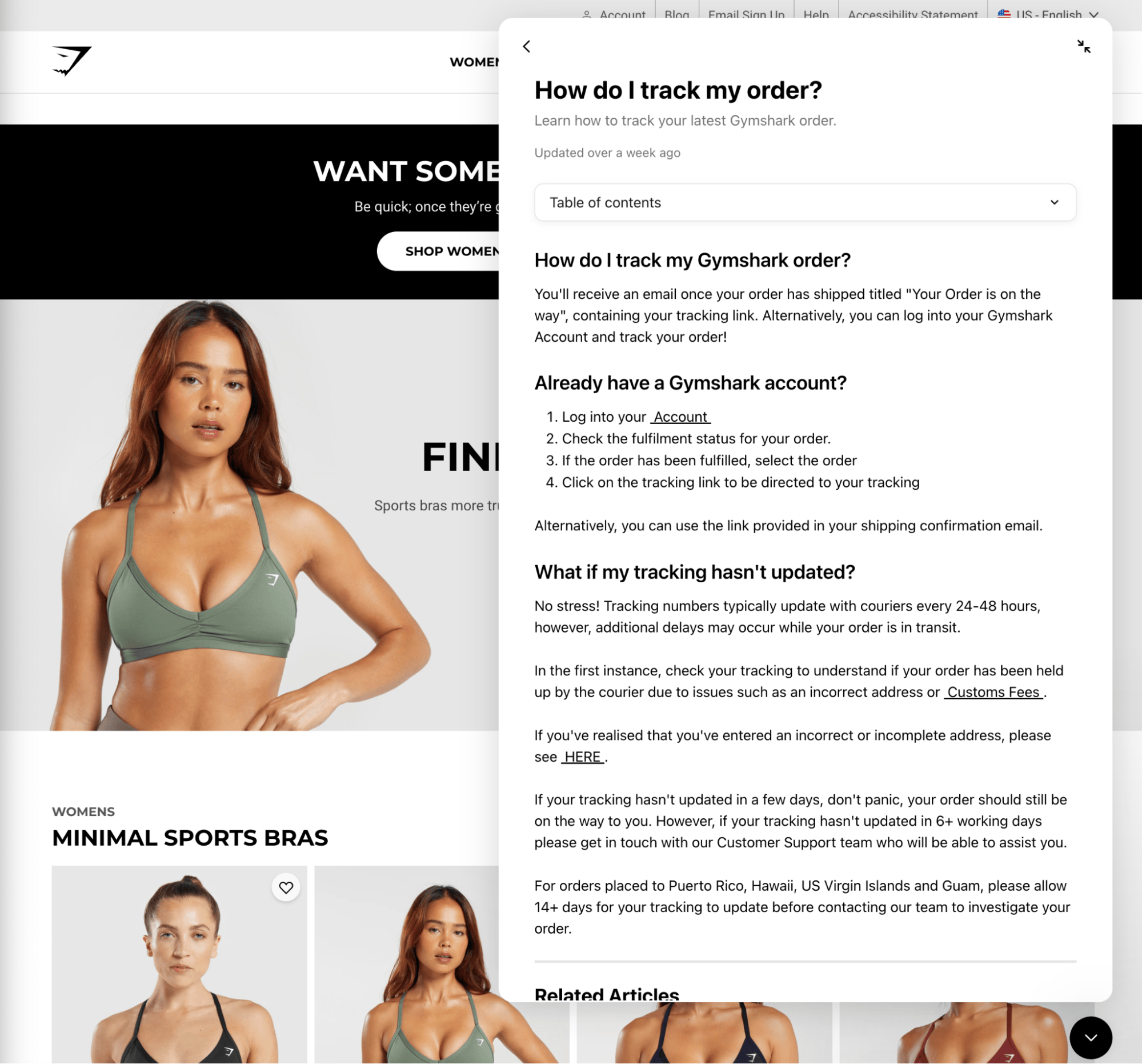 Gymshark’s chatbot giving a user answers to their questions.