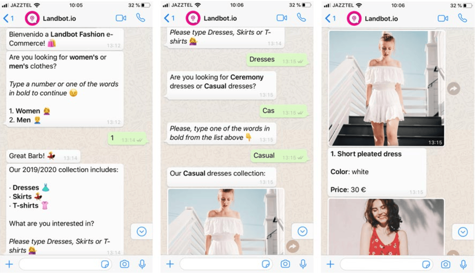Example of ecommerce interaction using a WhatsApp chatbot
