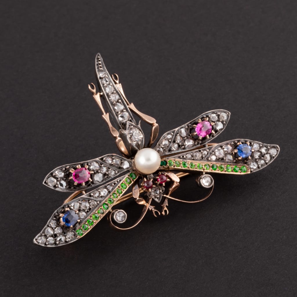 Diamond, Ruby, Sapphire, Natural Pearl, Gold and Silver Dragonfly Brooch