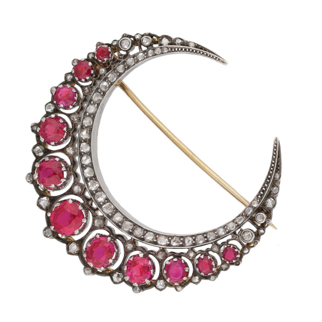 Diamond, Burmese Ruby, Gold and Silver Crescent Moon Brooch