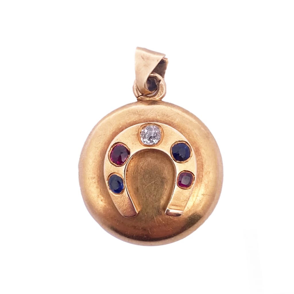 Diamond, Ruby, Sapphire and 18-karat Gold Locket with Horseshoe Motif