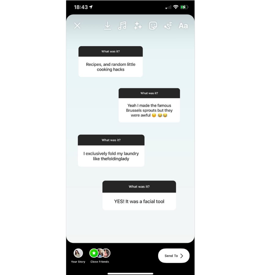 An Instagram story with multiple responses to one question sticker