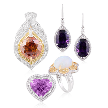 Sphalerite Pendant, Amethyst Earrings on the top, followed by Kunzite and Opal ring.